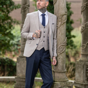 To Buy Simon Beige Jacket and Waistcoat with contrasting Navy Trousers Top Mark Suits